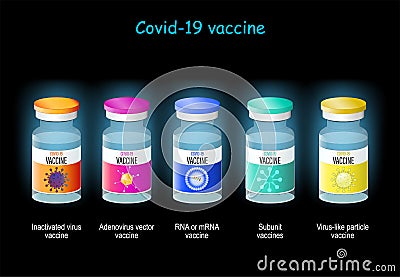 Vials of vaccine against virus SARSâ€‘CoVâ€‘2 on dark background Vector Illustration